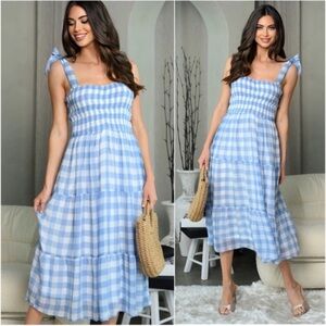 New blue gingham check womens midi modest blue white dress